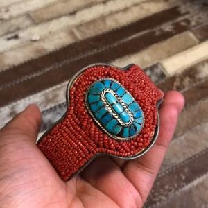 Red Beaded and Authentic Turquoise Stoned Cuff | Bracelet | Adjustable